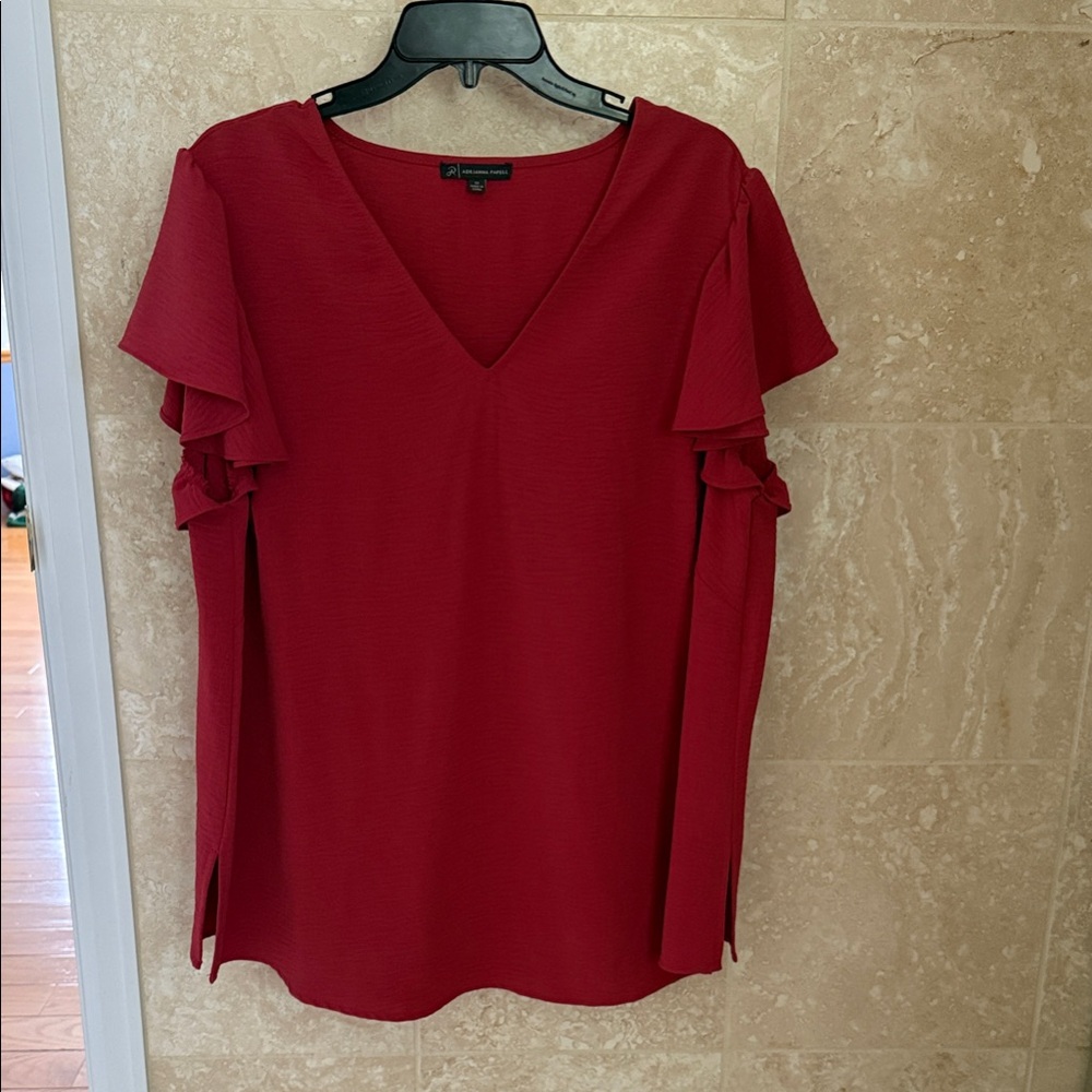 Adrianna Papell Red V-Neck Blouse with Ruffle Sleeves